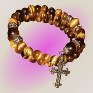Tiger's eye Gemstone memory wire wrap beaded bracelet with cross